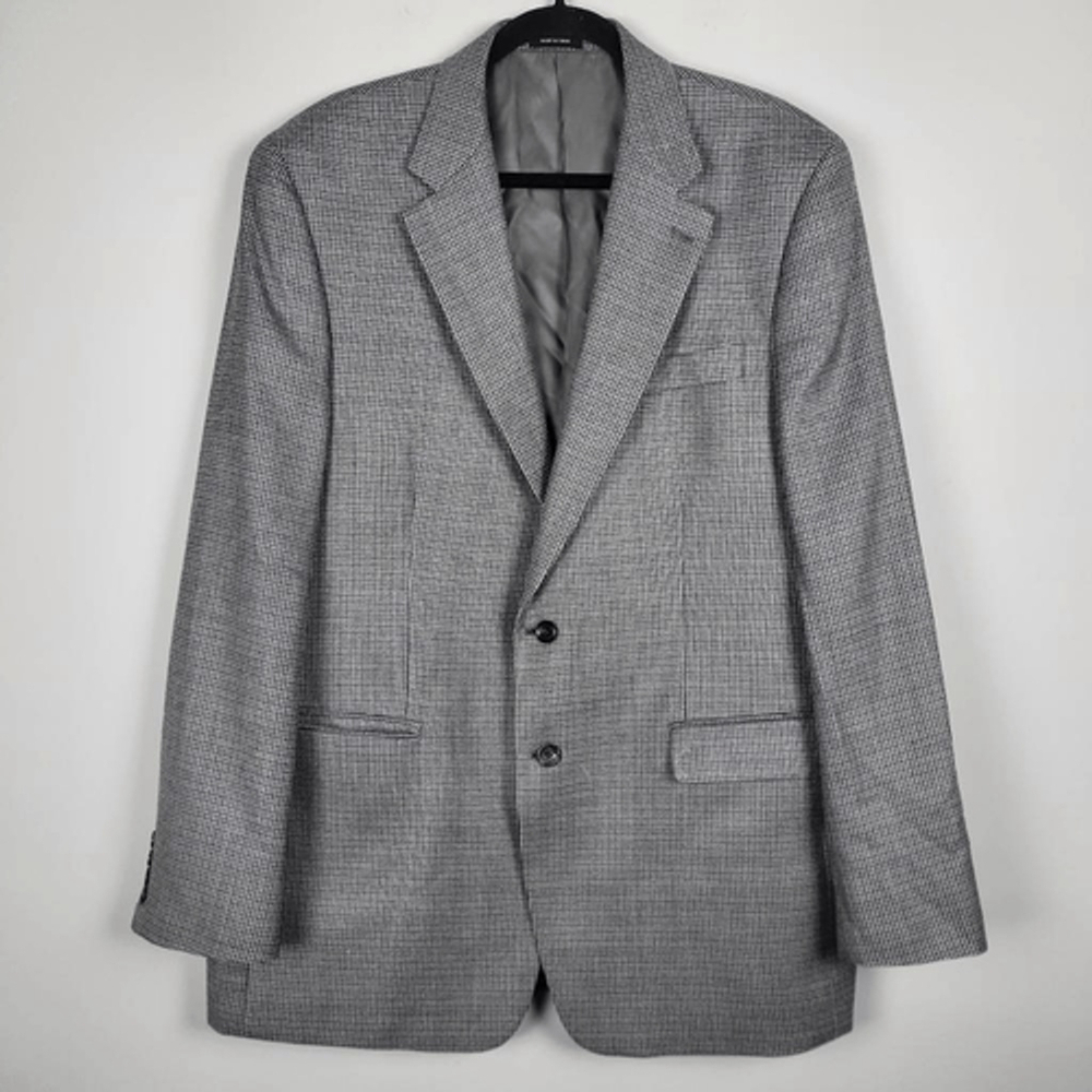 Lauren Ralph Lauren Mens Houndstooth Silk Wool Blazer 44L Grey Business Career
